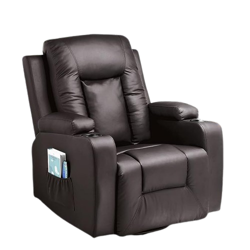 A brown leather recliner chair with a built-in footrest and a control panel on the side for massage and heat functions.