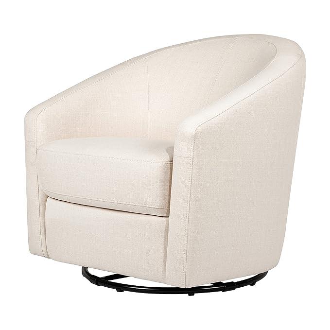 A beige upholstered recliner chair with a wooden base and a lever for reclining.